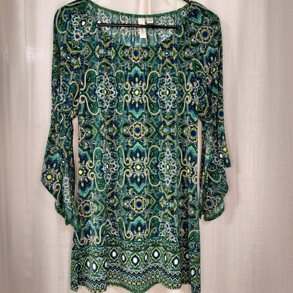 2/$30 Tacera Green & Blue Geometric Print Roundneck Tunic Size S Bell‎ Sleeves